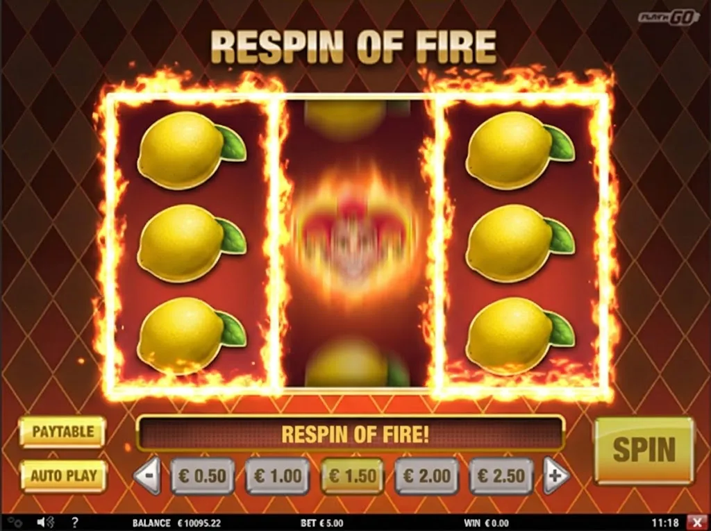 Respin of Fire triggered — two reels frozen with stacked symbols, third reel respinning in Fire Joker slot