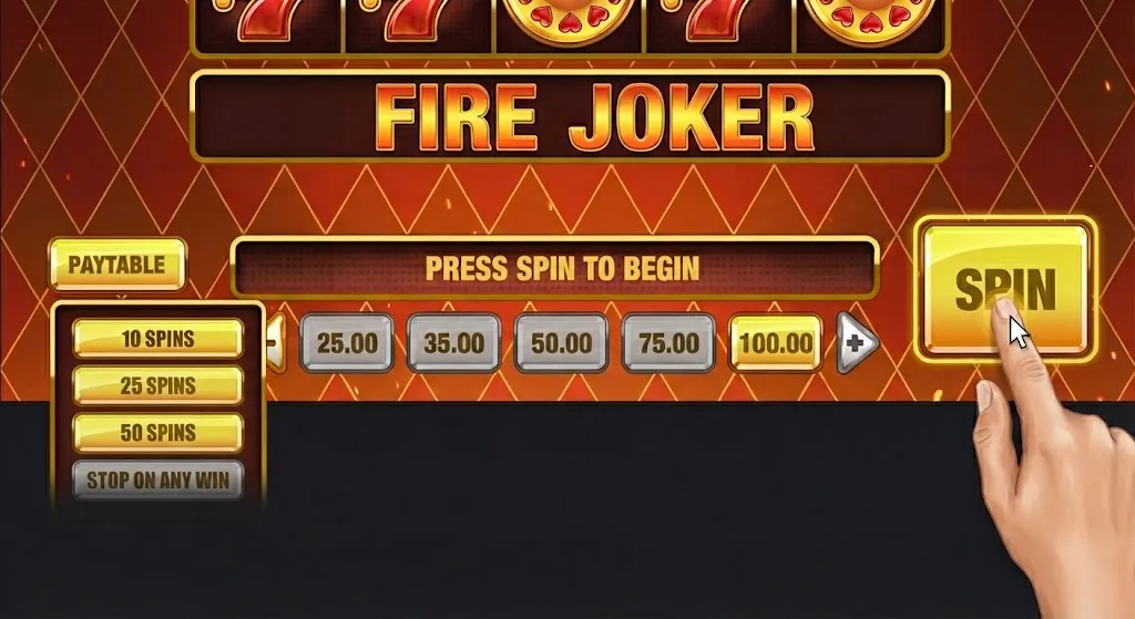 Fire Joker slot spin interface showing bet controls and payline indicators