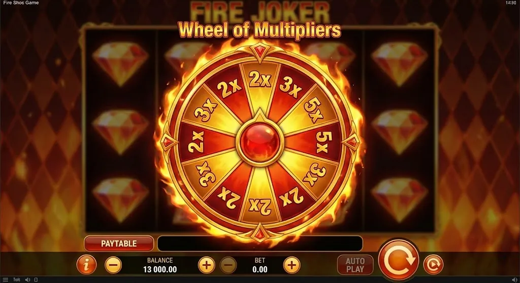 Fire Joker Wheel of Multipliers overlay showing 2x 3x 5x and 10x multiplier segments